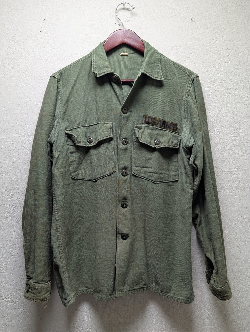 Vintage 1960s US Army OG 107 Cotton Sateen Shirt Vietnam War Sz S/M Utilitarian
